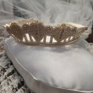 Vintage Bridal Crown Two Tier Lace Veil Pearl Beaded Rhinestone Wedding
